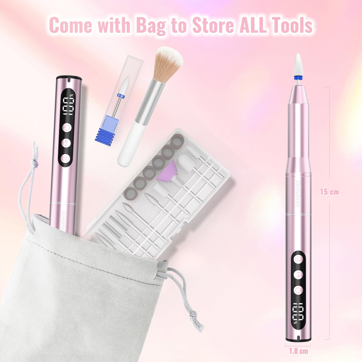 Electric Nail Drill - Cordless 35000RPM Portable Nail File with LCD Display | 12 Bits for Acrylic & Gel Nails, Pink Manicure Kit