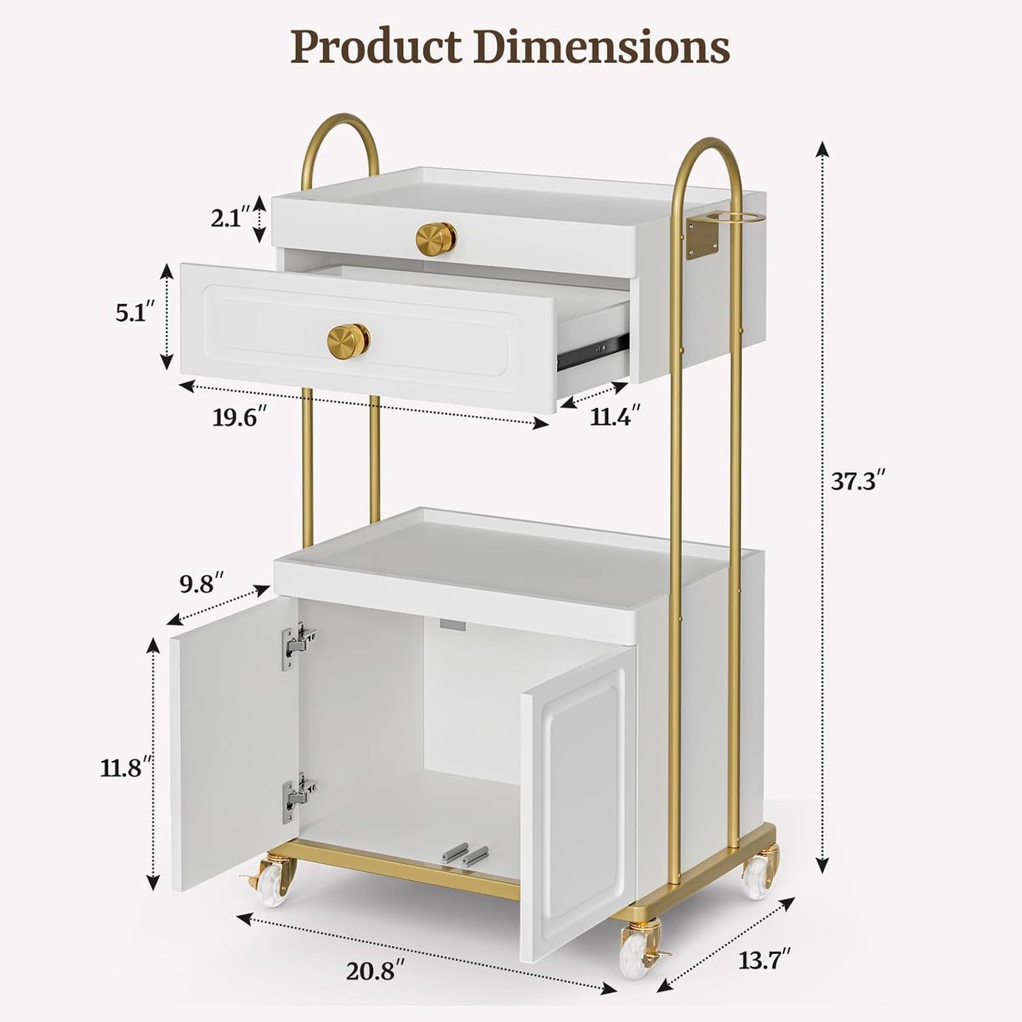 Salon Trolley Cart - Lockable Wheels & Storage Cabinet for Hair Stylists | White & Gold