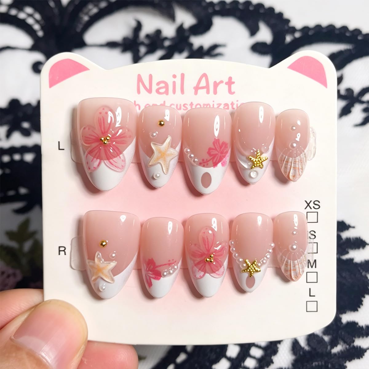 Cute Pink Flower Press-On Nails - Short Almond French Tip | 30 Pcs Reusable Glossy Acrylic with Pearl & Starfish Design