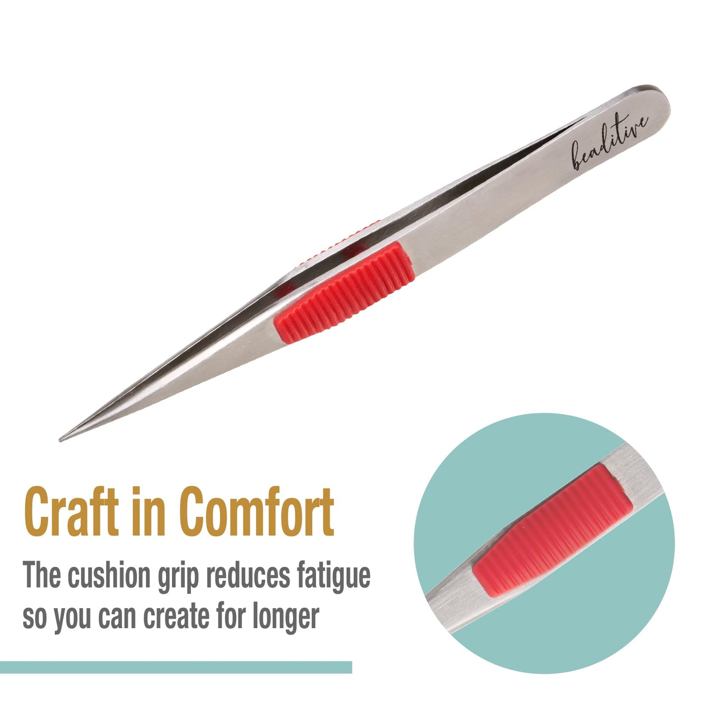 Beaditive High Precision Heavy-Duty Tweezers With Cushion - 4.7" Craft Tweezers for Sewing, Beading & DIY Crafts - Non-Serrated, Fine Point Tips - Stainless Steel Needle Nose Hobby Tweezers (Fuchsia)