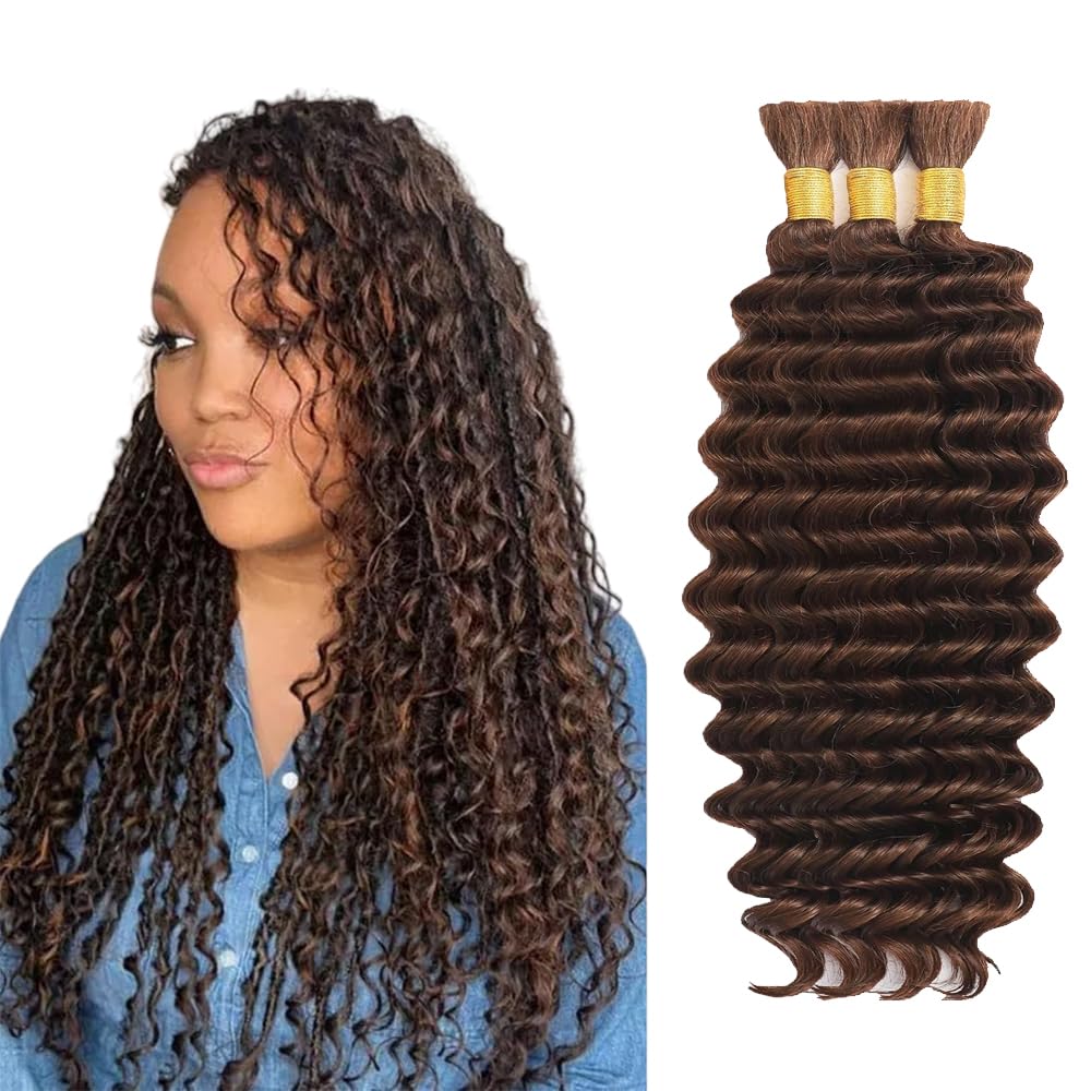 22 22 22 Inch #4 Human Braidng Hair For Boho Braids Chocolate Brown Crochet Human Hair Braiding Deep Wave Braids 3 Bundles/Pack Chocolate Brown Color 150g