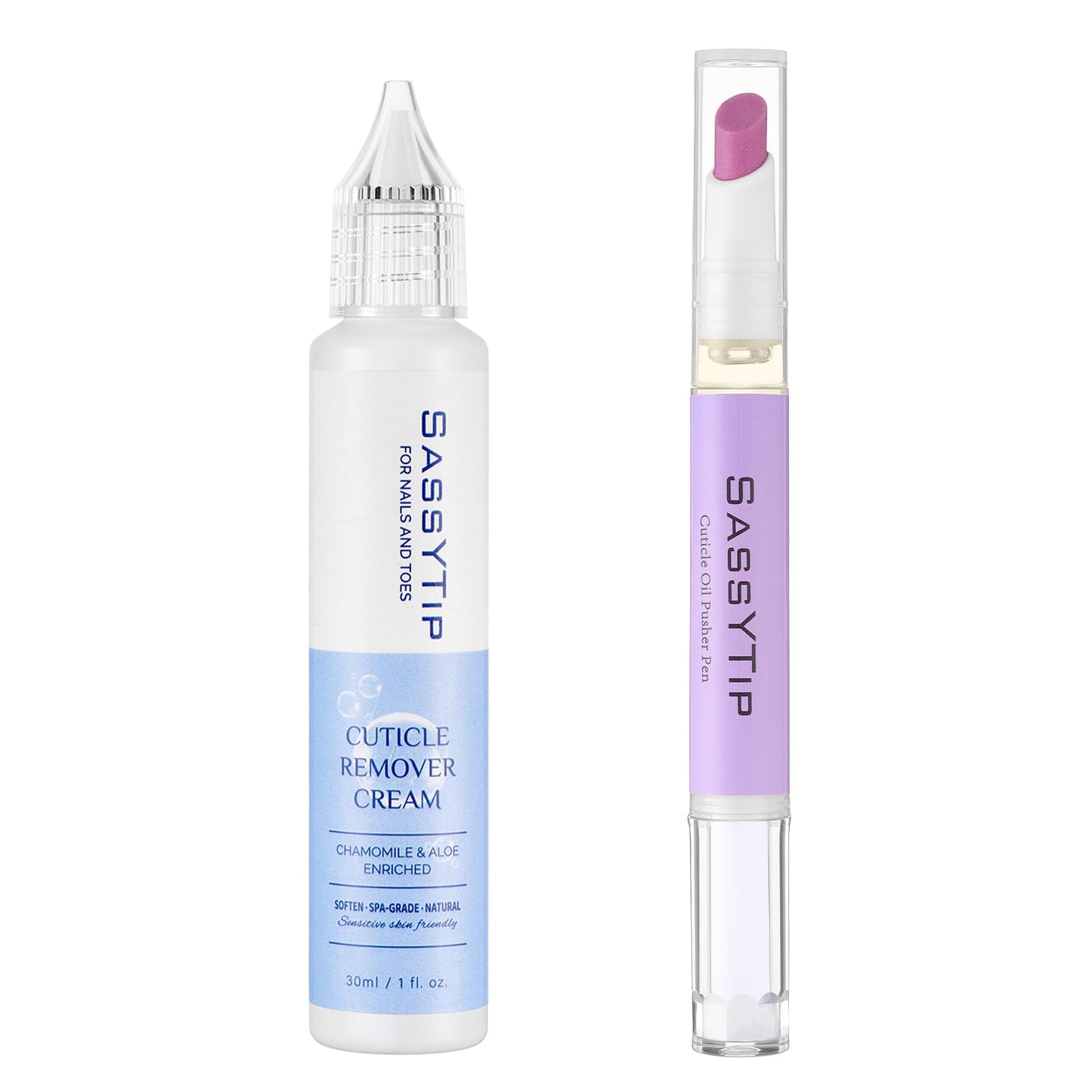 SASSYTIP Cuticle Care Kit - Cuticle Remover Gel (1oz) & Ceramic Pusher Oil Pen (2ml). Complete At-Home Manicure & Pedicure Set for Dry & Damaged Nails. Salon Result