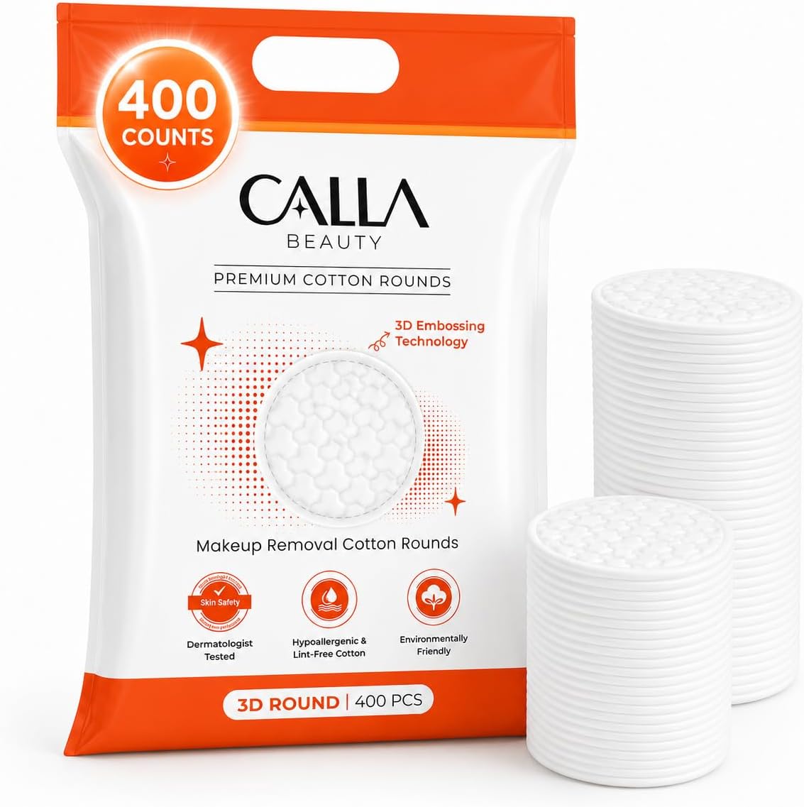 3D Cotton Rounds - Premium Embossed Makeup Remover Pads, Tear-Resistant & Absorbent | 400 Count