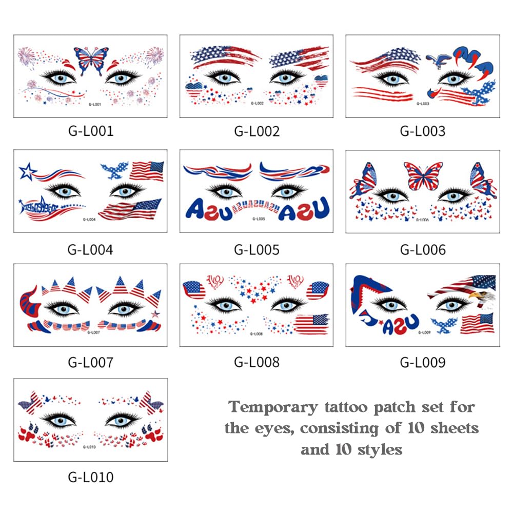 4th of July Face Tattoo Stickers for Adults, 10 Sheets Independence Day Temporary Tattoos, USA Flag Red White Blue Patriotic Party Supplies, Fake Tattoos for Face Makeup Eye Decor