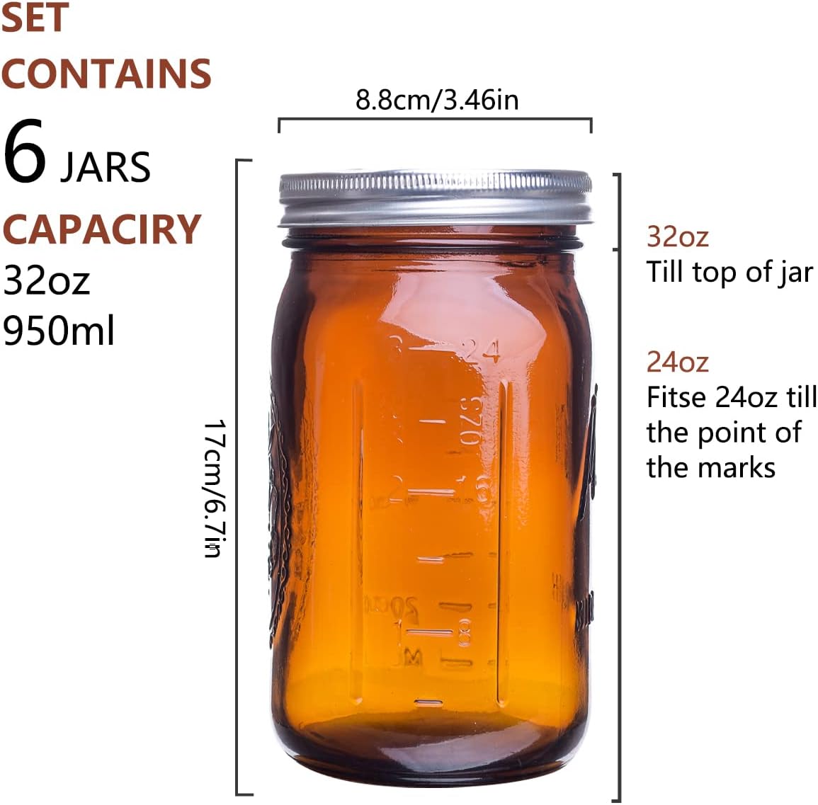 Amber Glass Mason Jars - 32 oz Wide Mouth Canning Jars with Airtight Lids | 6 Pack for Pickling & Fermenting