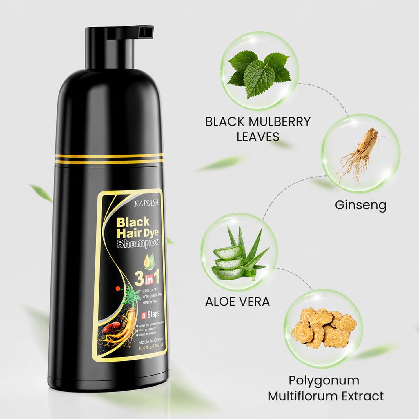 KAISASA Black Hair Dye Shampoo 3 in 1 for Gray Hair, Hair Color Shampoo for Women Men Grey Hair Coverage 500ml (Black)