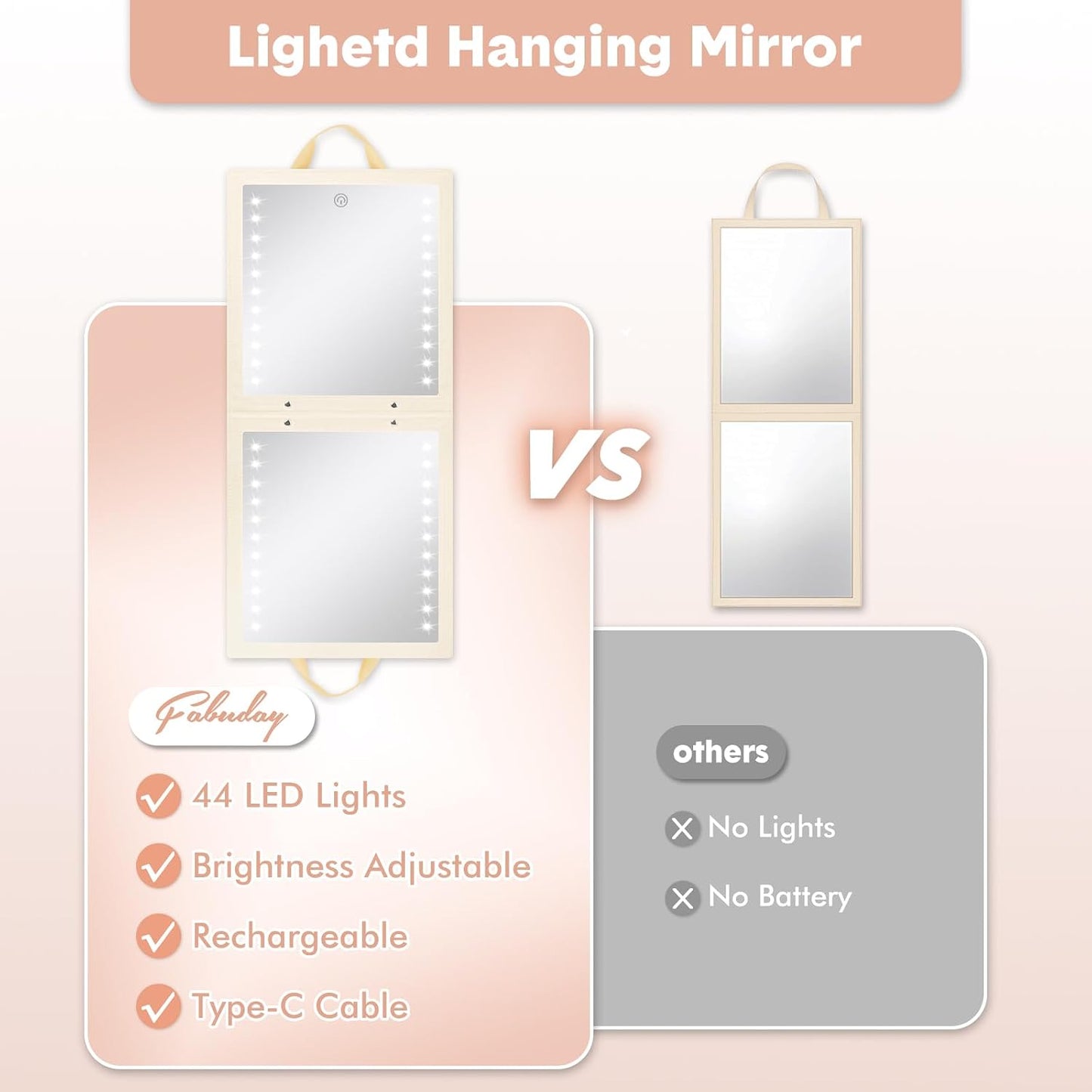Lighted Hanging Mirror - Rechargeable LED Full Length Mirror for Dancers | Portable & Adjustable Brightness, Beige
