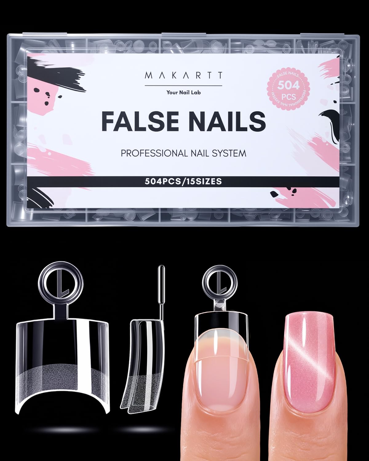 Coffin Nail Tips - 504 PCS Pre-Etched Clear Acrylic Full Cover | 15 Sizes for Salon & DIY Use