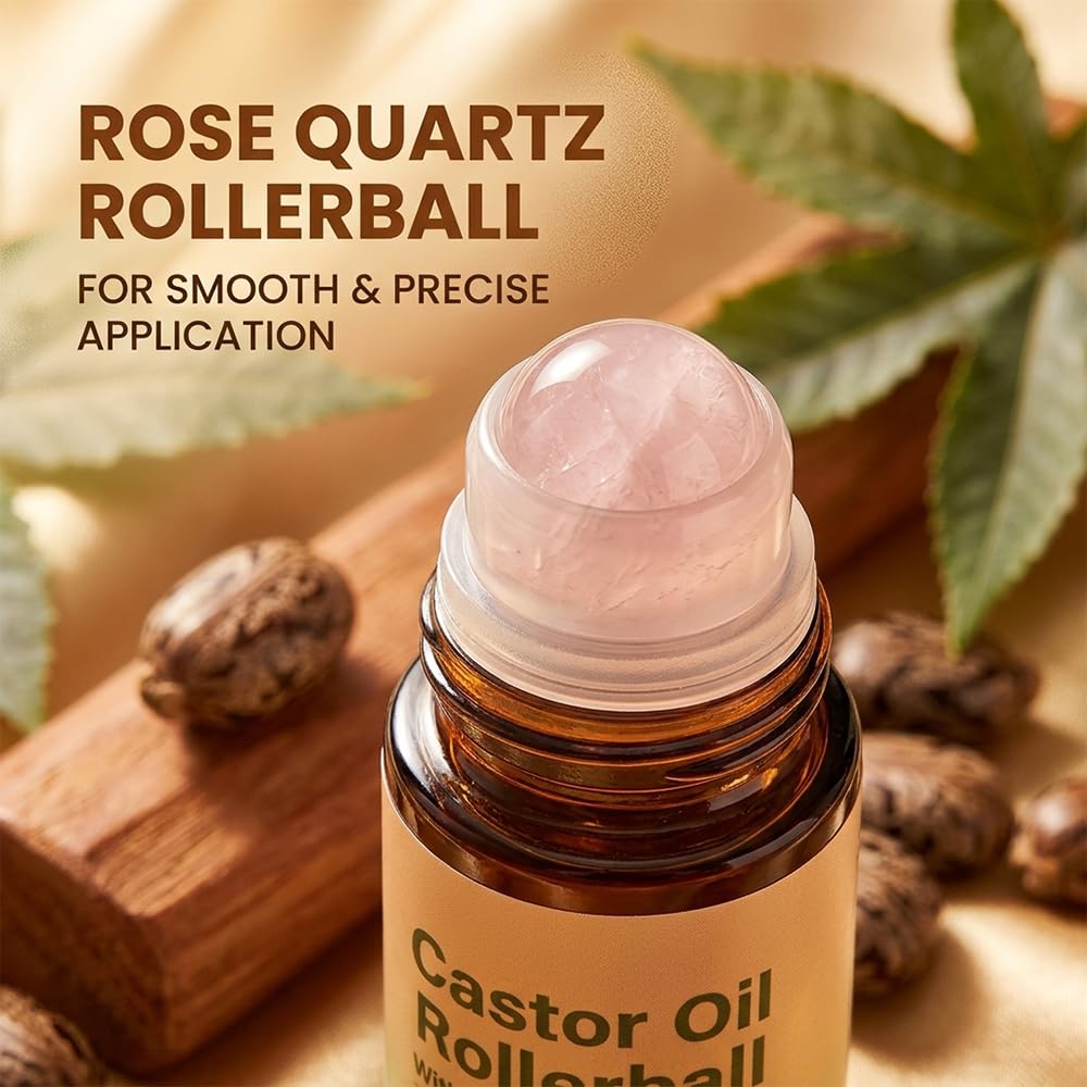 Castor Oil Rose Quartz Roller - Organic Cold Pressed Moisturizing Oil for Face, Body & Hair | 1 Roller