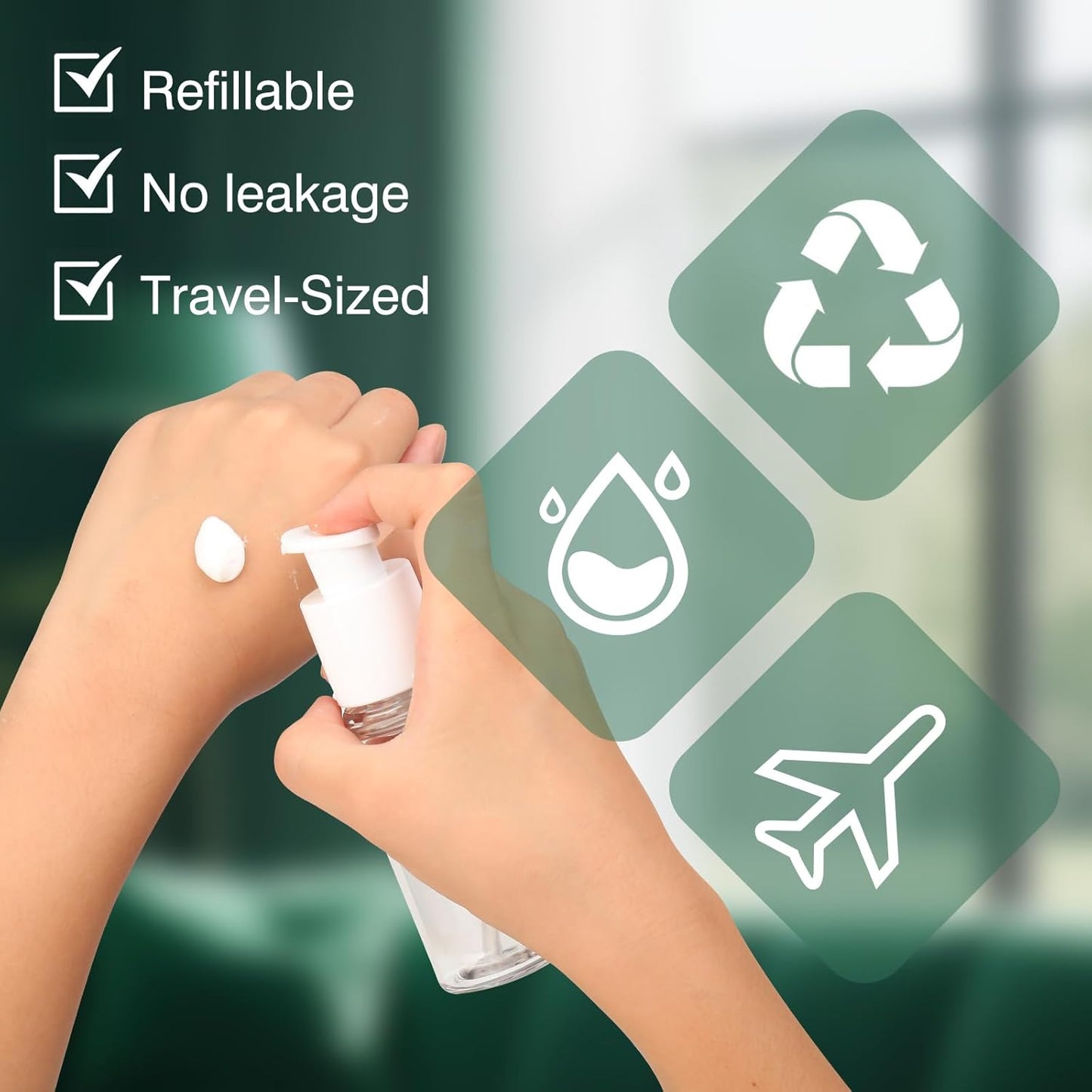 Travel Pump Bottle Set - 2 Refillable Clear Lotion Containers for Cream & Essential Oils | Perfect for Travel & Bathroom Use