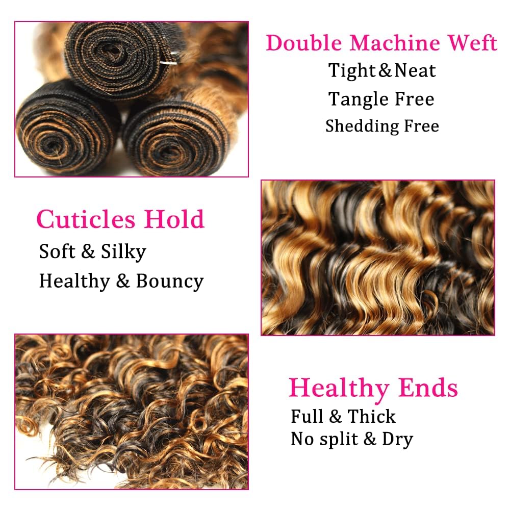 28 30 32 Inch DiexrLamx Ombre Human Hair Bundles Highlight Brown Deep Wave Bundle Brazilian Virgin Hair 3 Bundles Double Weft P1B/30 Bundle Hair Weave
