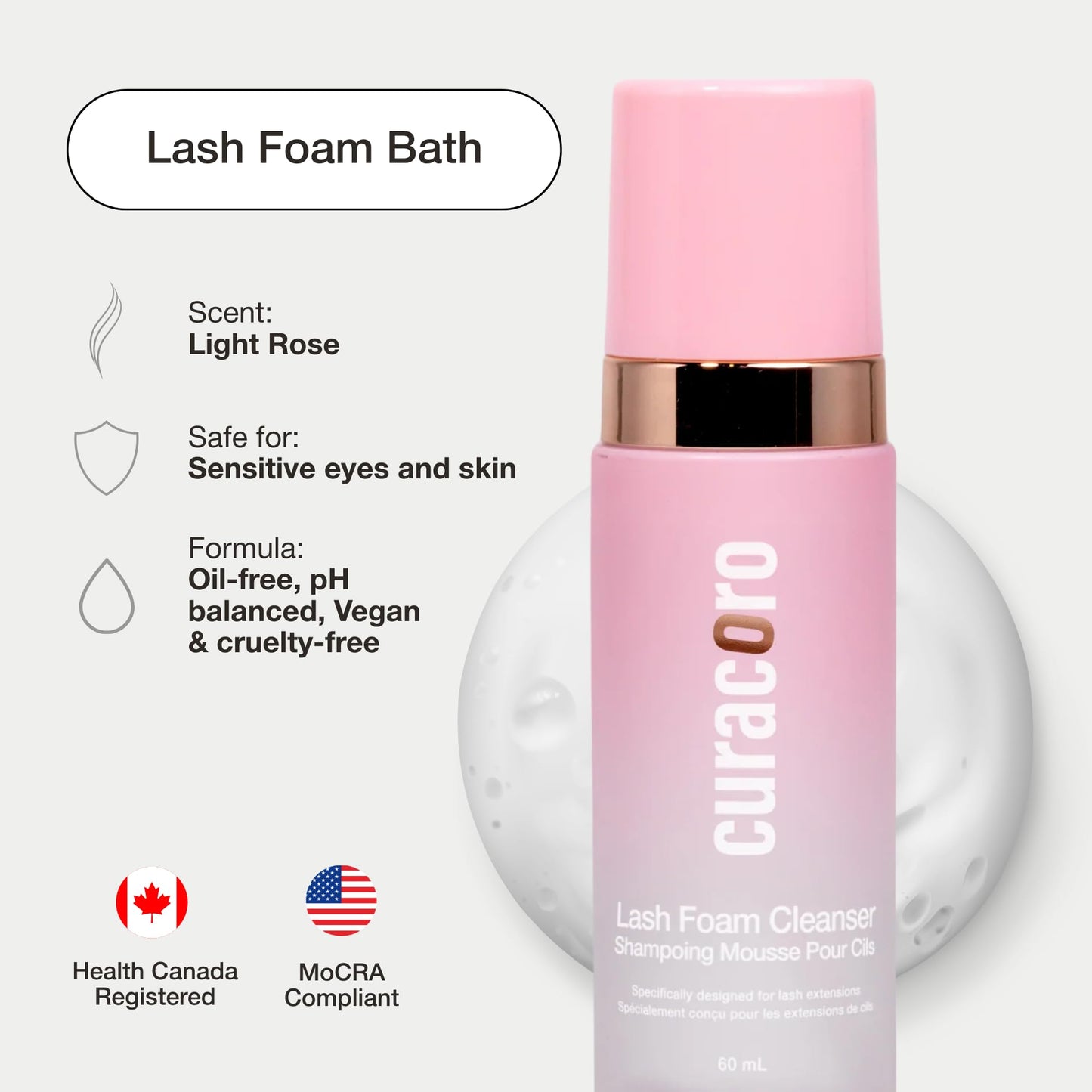 CURACORO 60ML Eyelash Extension Cleanser (Rose Scented) - Lash Shampoo for Lash Extensions, Eyelash Extension Foam Cleanser for Sensitive Skin, Removes Waterproof Makeup for Professional & Home Use