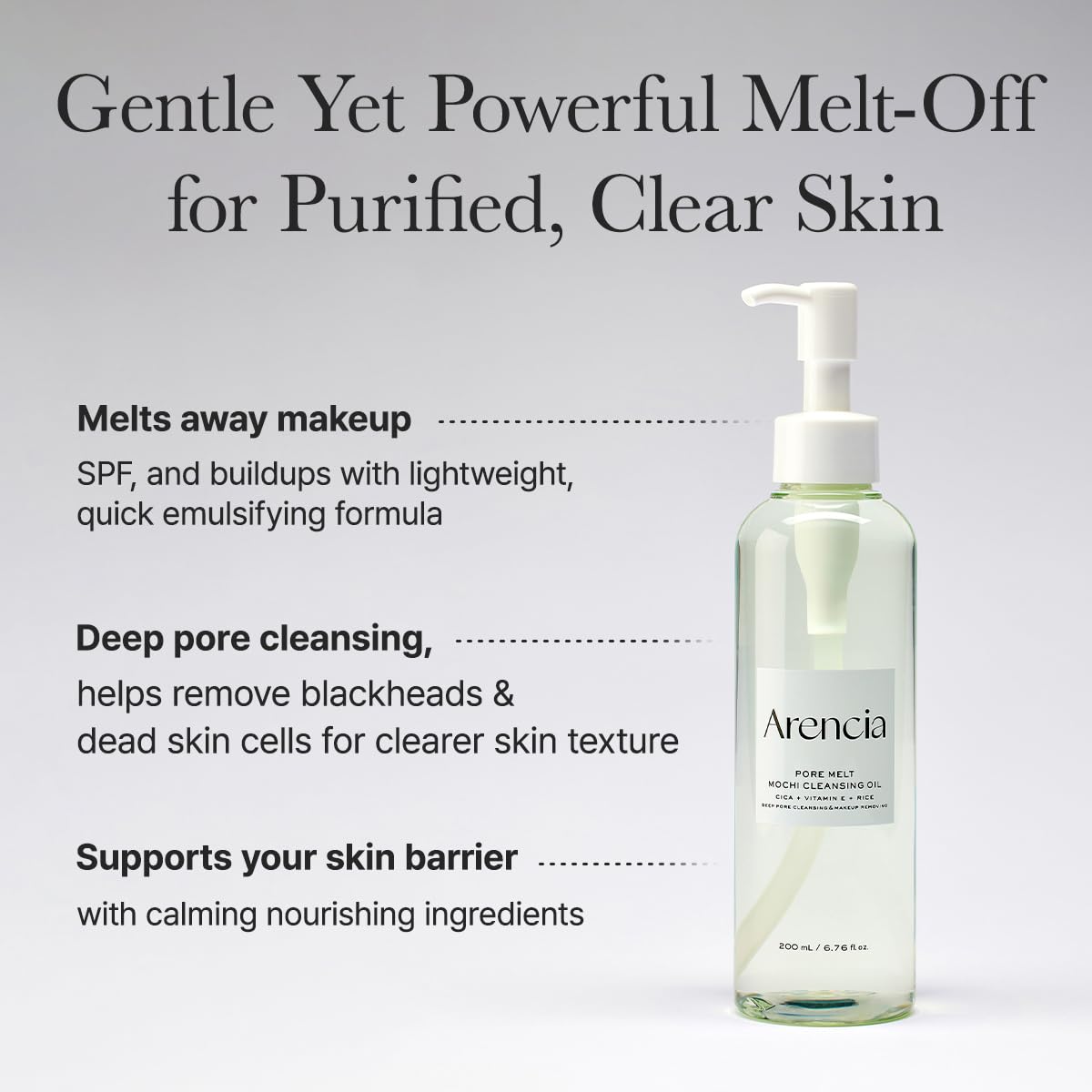 ARENCIA Pore Melt Mochi Makeup-Removing Cleansing Oil, Non-Comedogenic, Rice Amino Acids HD, Vitamin E, Cica, & Ceramide, 6.76 fl oz