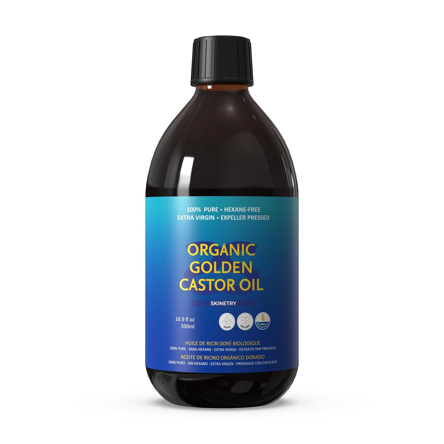 Skinetry Organic Golden Castor Oil - [16.9oz (500ml)]-100% Pure for Hair, Skin, Nails, Brows & Lashes Deep Hydration & Smoothing Promotes Hair & Brow Growth Makeup Clean- Hexane-Free - USDA Certified