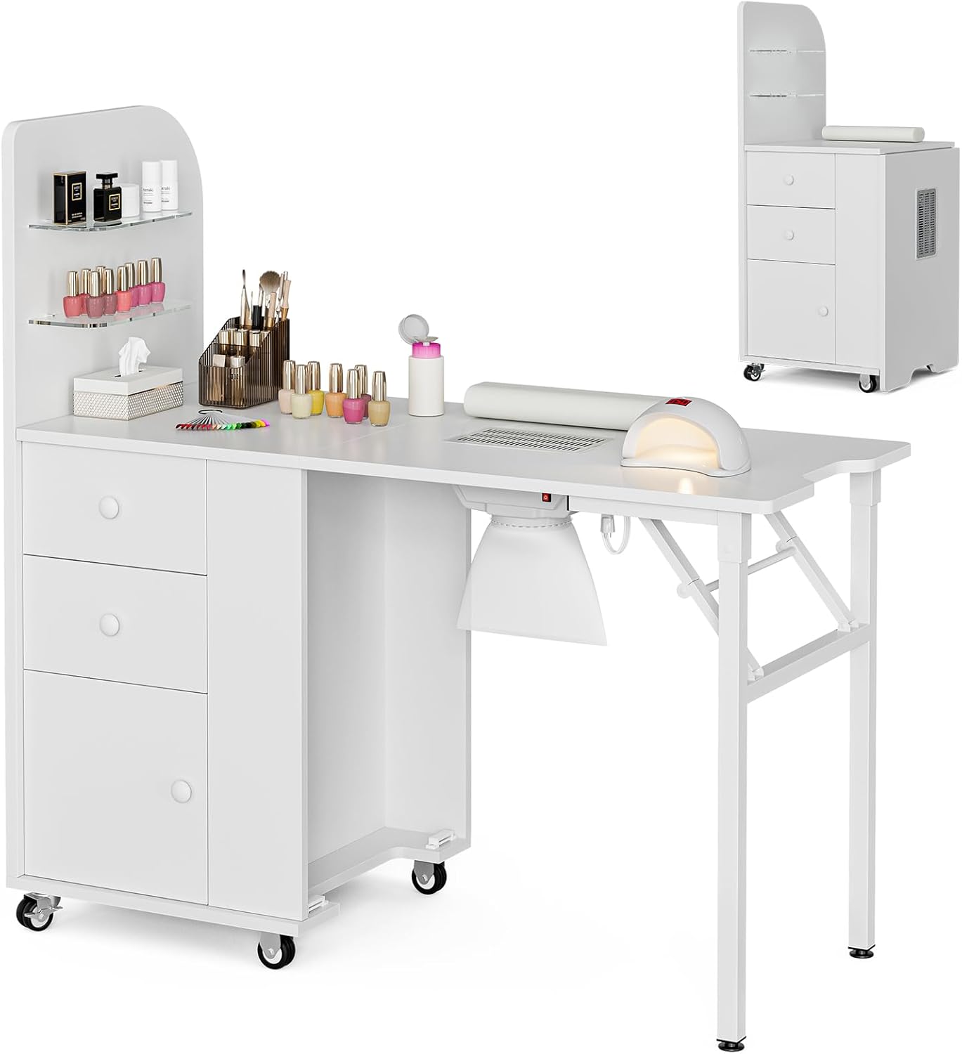 Foldable Nail Desk - Manicure Table Station with Dust Collector, 2 Shelves & Drawers | Portable Design with Lockable Wheels