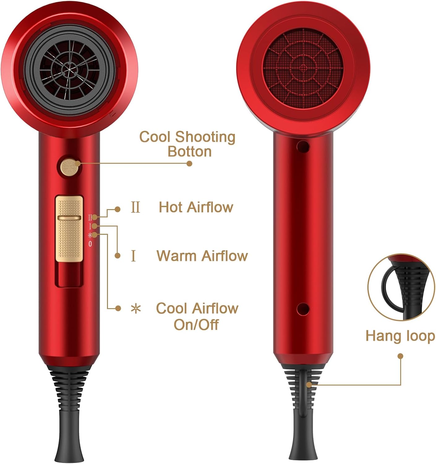 Ionic Hair Dryer - Powerful 1800W Fast Drying with Low Noise | 2 Concentrator Nozzles & 1 Diffuser - Agate Red