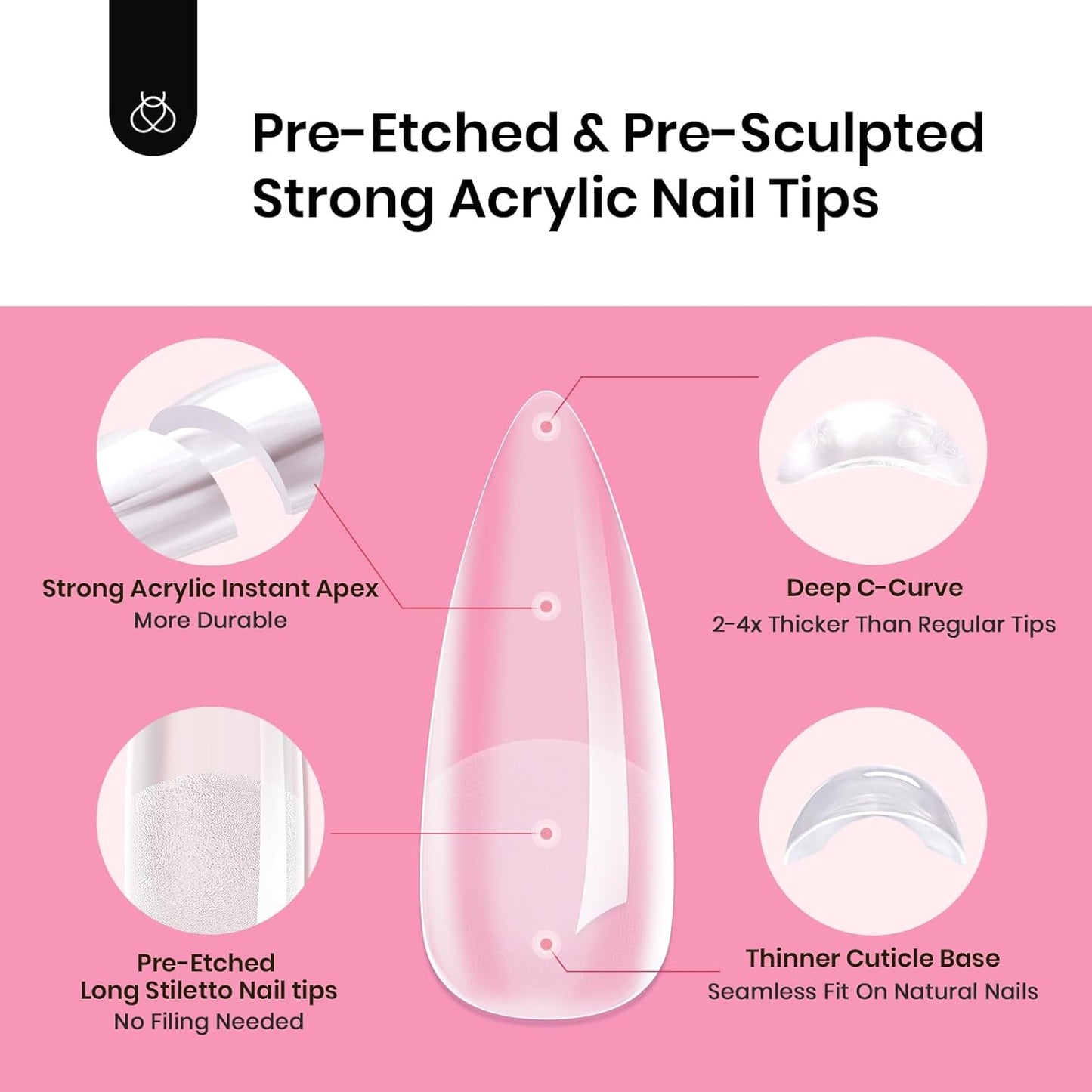 Apex Nail Tips Kit - Long Stiletto 224PCS | No Builder Gel Needed, Mini UV Lamp Included