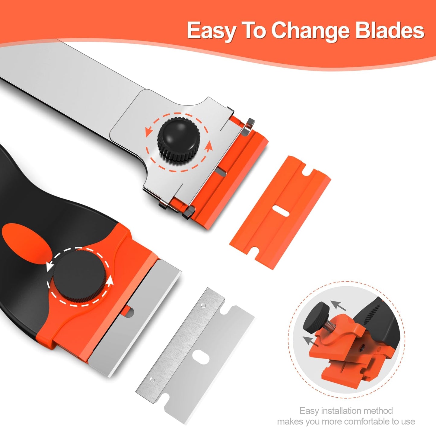 Ywmoml 3 Pack Razor Blade Scraper Set, Includes 30 Plastic & 30 Metal Blades, Multi-Purpose Tool for Glass, Cooktop, Sticker Removal, Paint & Gum Cleaning (Orange)