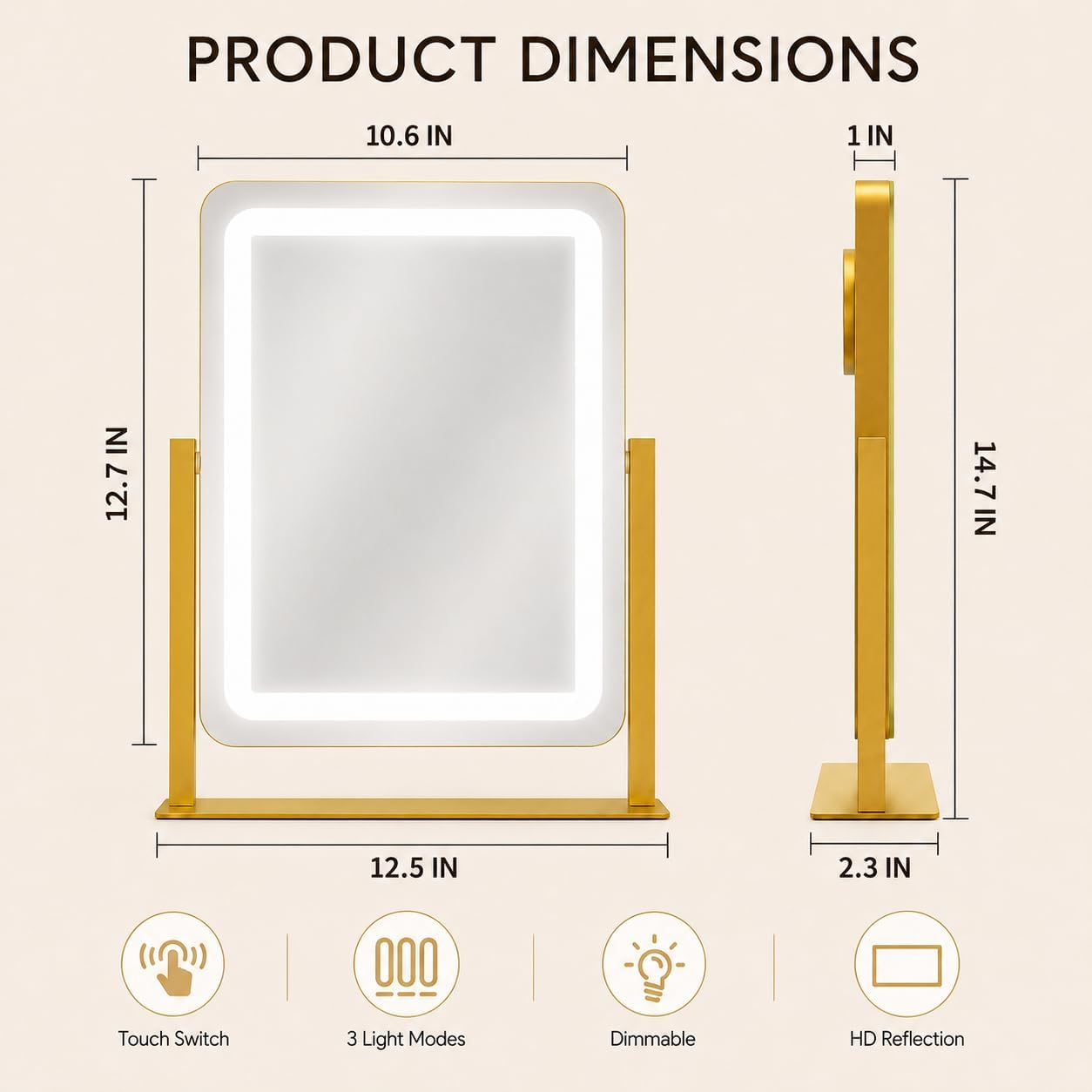 Gold Lighted Makeup Mirror - 15" x 13" Dimmable LED Vanity Mirror with Touch Control | 360° Rotation for Bedroom & Dorm
