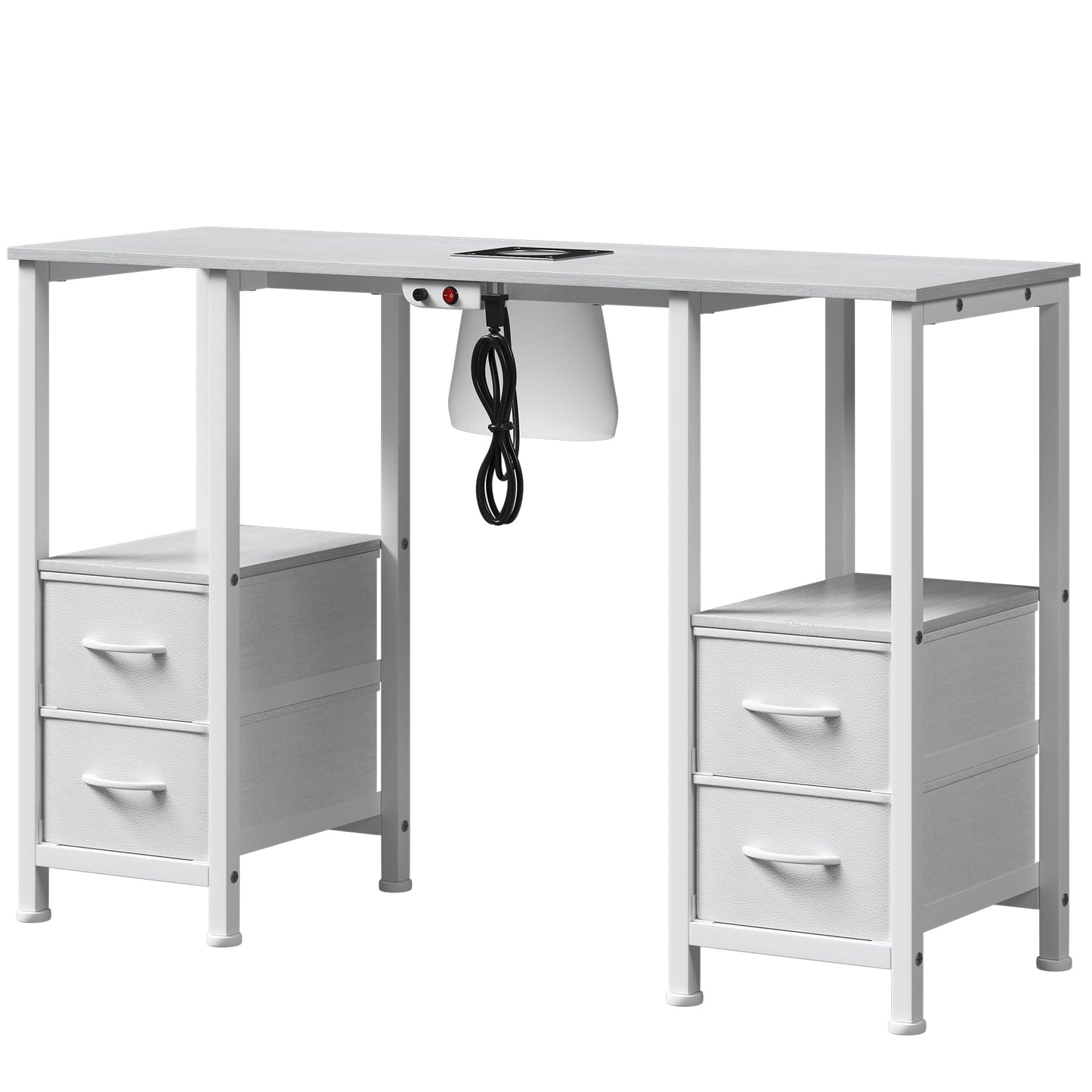 WODRAWER Manicure Table for Nail Tech, Nail Tech Table Station w/4 Storage Drawers & 2 Open Shelves, Nail Table w/Dust Collector for Beauty Salon Tech Station (White)