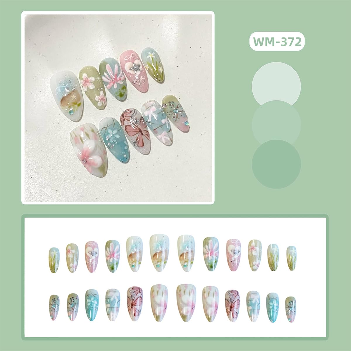 24Pcs Summer Flower Press on Nails Medium Almond Fake Nails Cute Floral Butterfly Stick on Nails Reusable Acrylic False Nails with Designs Spring Glue on Nails for Women Girls Nail Art Decoration