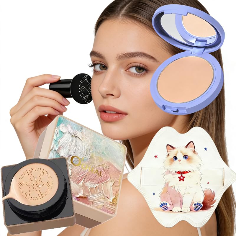 Mushroom-Head Cushion Foundation & Setting Powder Set - Long-Lasting Matte Finish | 3 Shades Available, Wheat Color