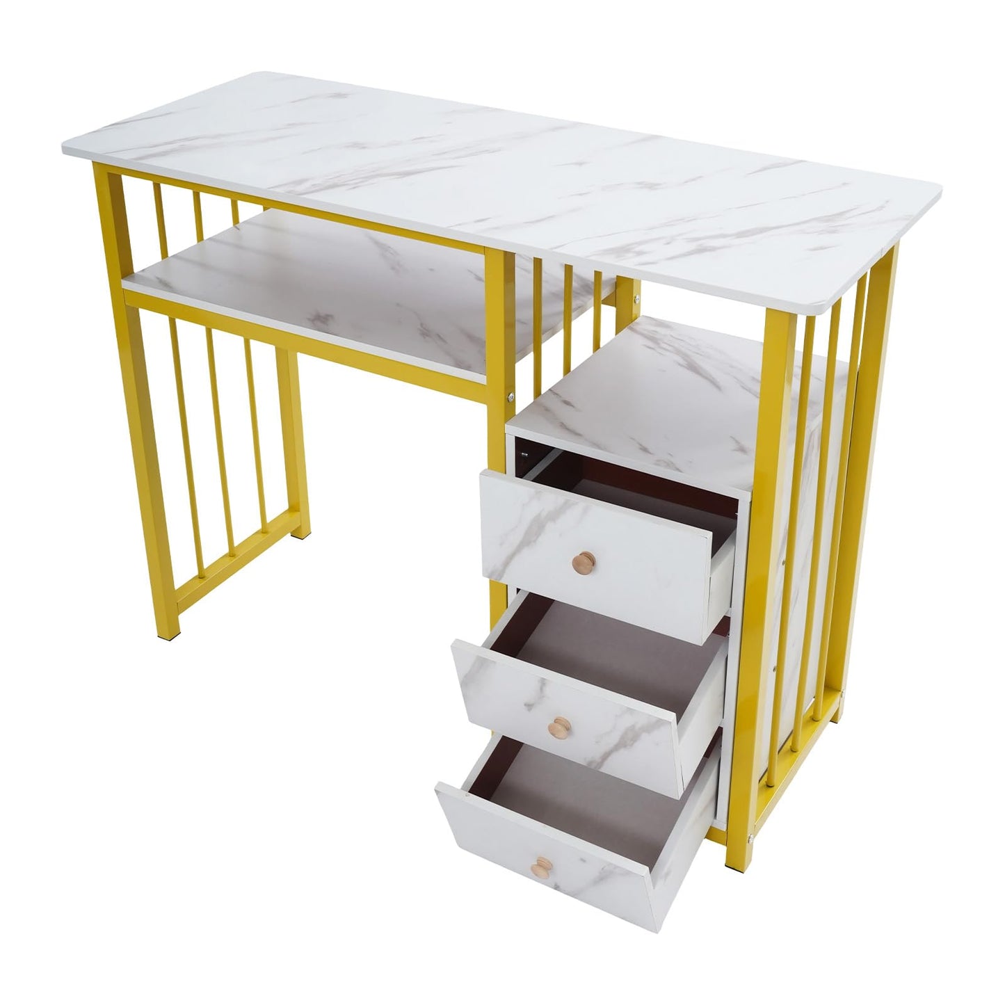 kangten Manicure Table for Nail Tech, Golden & Marbling Texture Nail Station with 3 Storage Drawers and Shelf, Nail Table with Metal Frame for Beauty Home Salon Spa