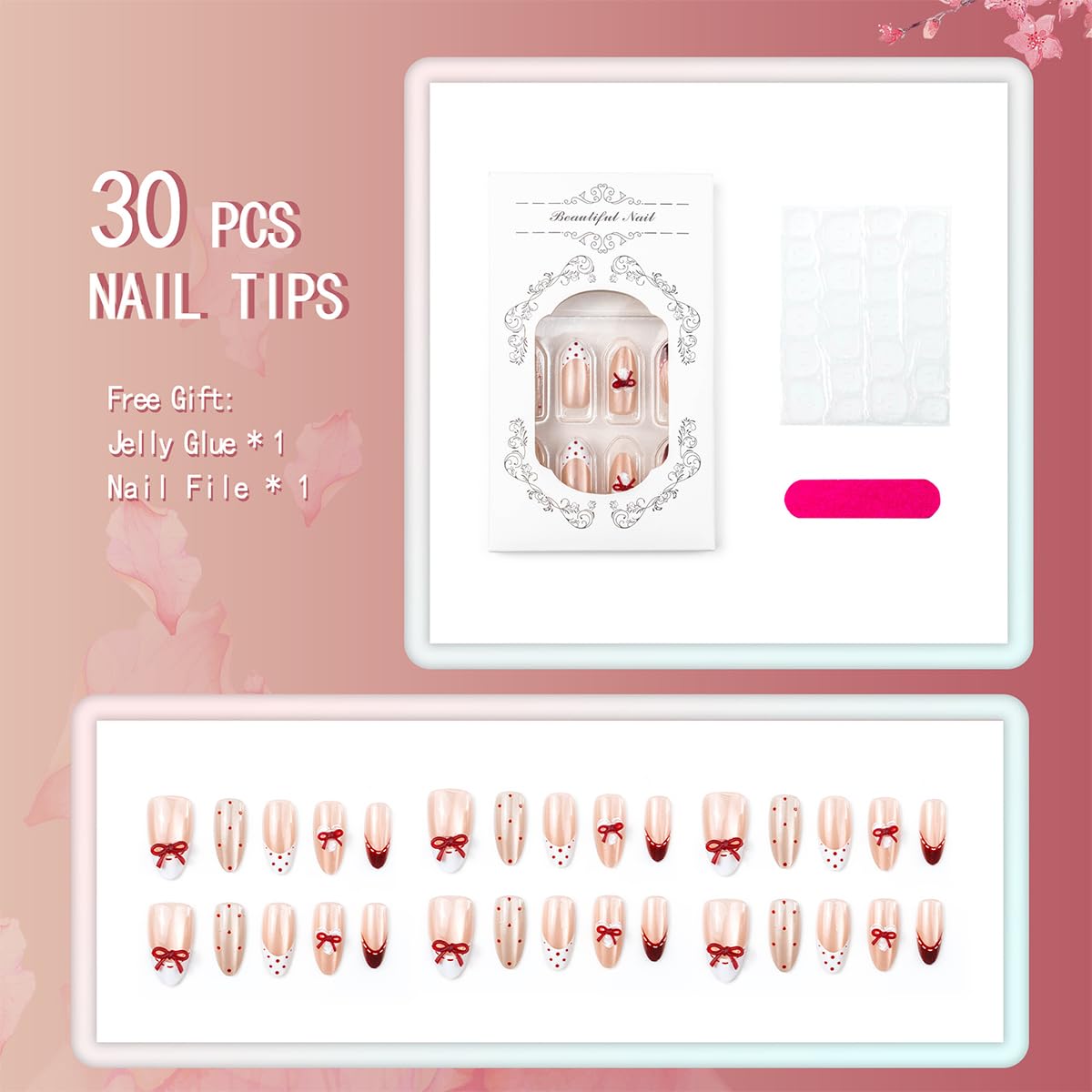 French Tip Press-On Nails - Medium Almond Red Bow Design | Reusable Pink Acrylic 30 Pcs