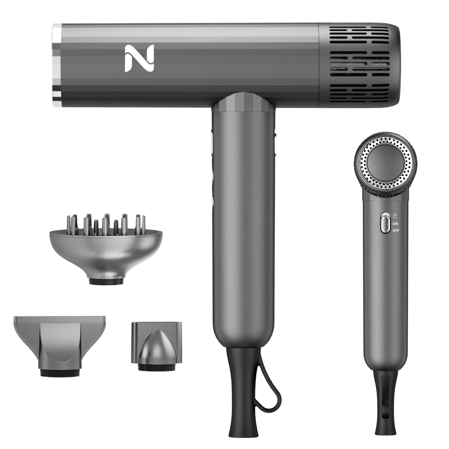 Natrial Ionic Professional Hair Dryer with Diffuser for Curly Hair,1600W&110000RPM High Speed Blow Dryer for Women,Fast Drying,Lock Function,Low Noise,Lightweight for Home Travel Salon,Grey