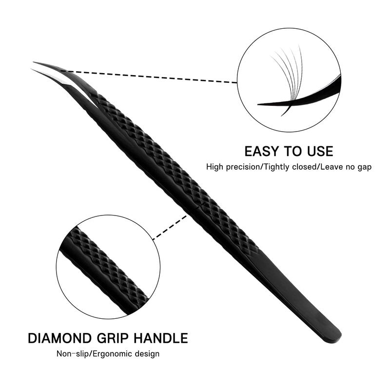 VAVALASH Lash Tweezers for Eyelash Extensions, Fiber Tip Diamond Grip Isolation Tweezers, Professional Precision Black Lash Tweezers for Volume & Classic Lashes
