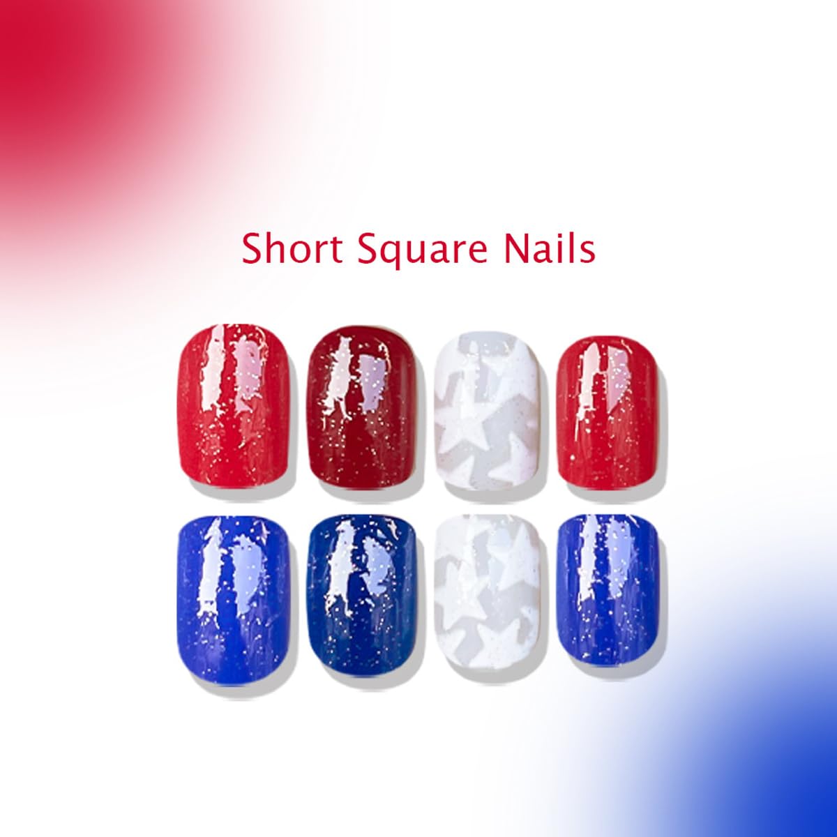 4th of July Press on Nails Short Square Fake Nails Red Blue Glitter Glue on Nail with Star Designs Independence Day Press ons Stick on Nail 4th of July Nails for Women Manicure 24Pcs
