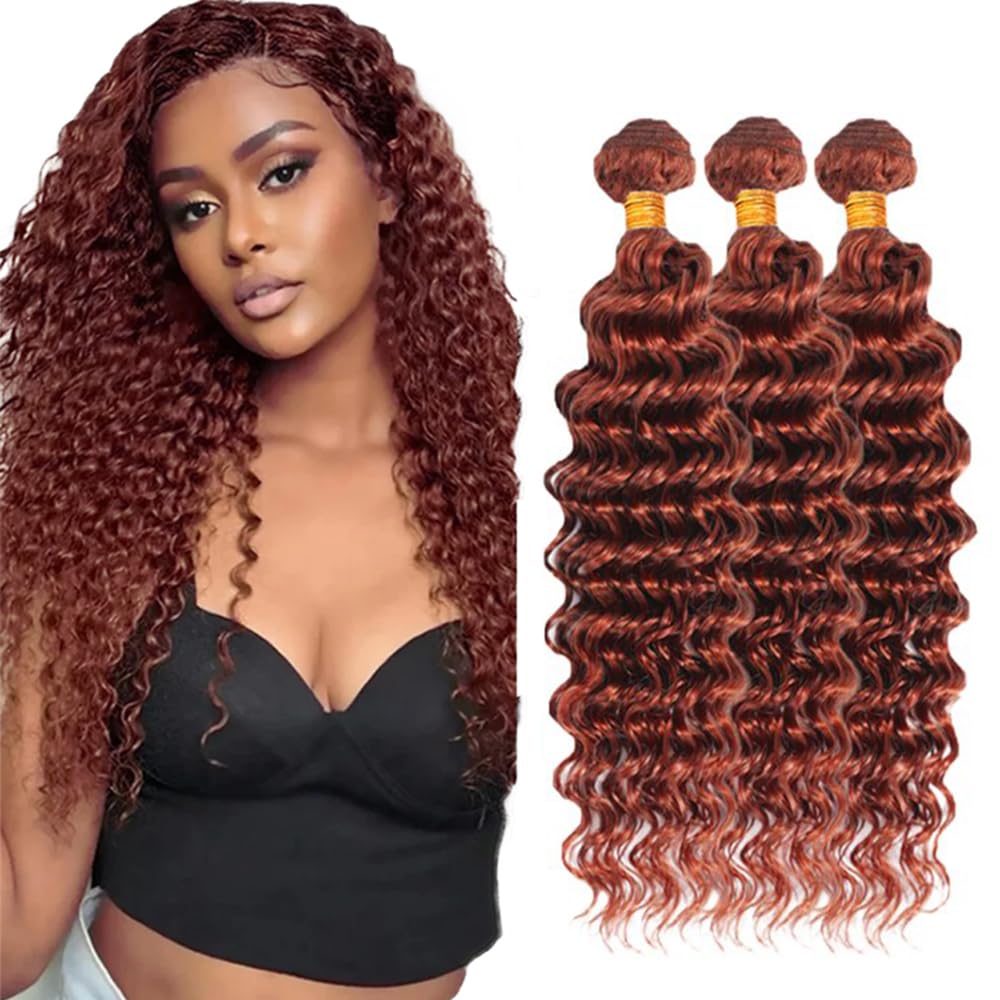 Reddish Brown Bundles Copper Deep Wave Bundle 24 26 28 Inch Color 33 Human Hair Length 3 Bundles/150g #33 Deep Wave Bundle Peruvian Virgin Hair Extensions