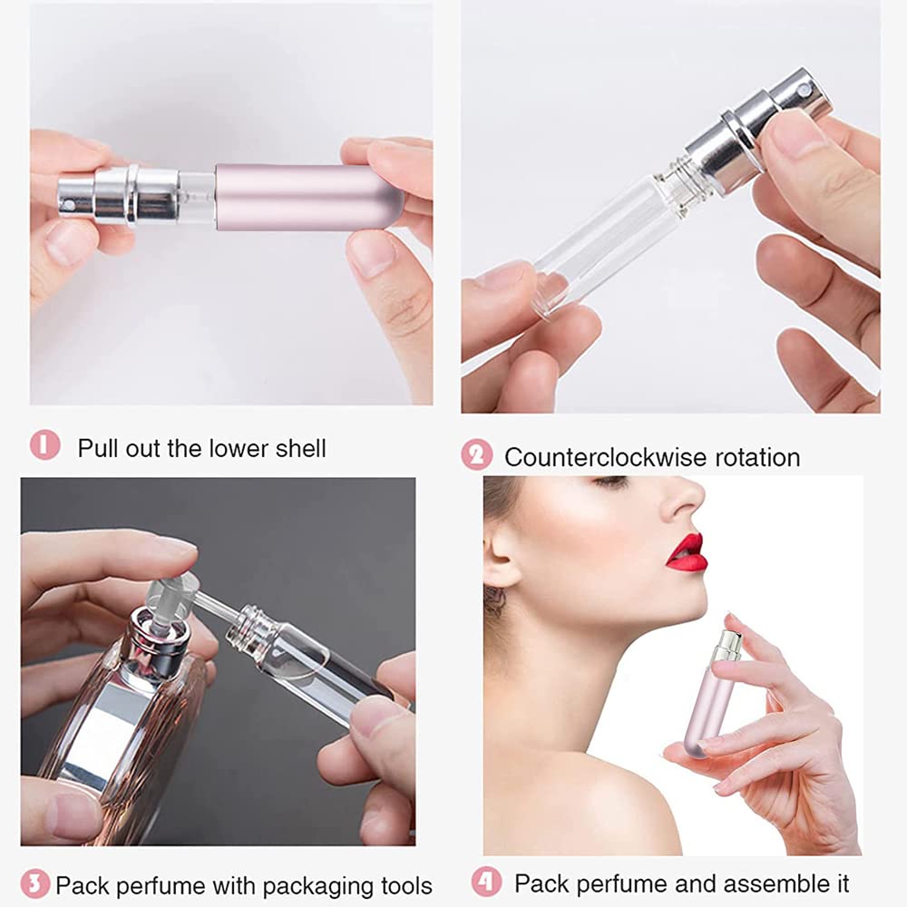 Travel Refillable Perfume Atomisers, 5ML, 3 Pcs Mini Portable Spray Bottles, Round Tube Set With 1 Flat Separated Tool, for Home Business Trip (Black+Blue+Champagne)(4pcs)