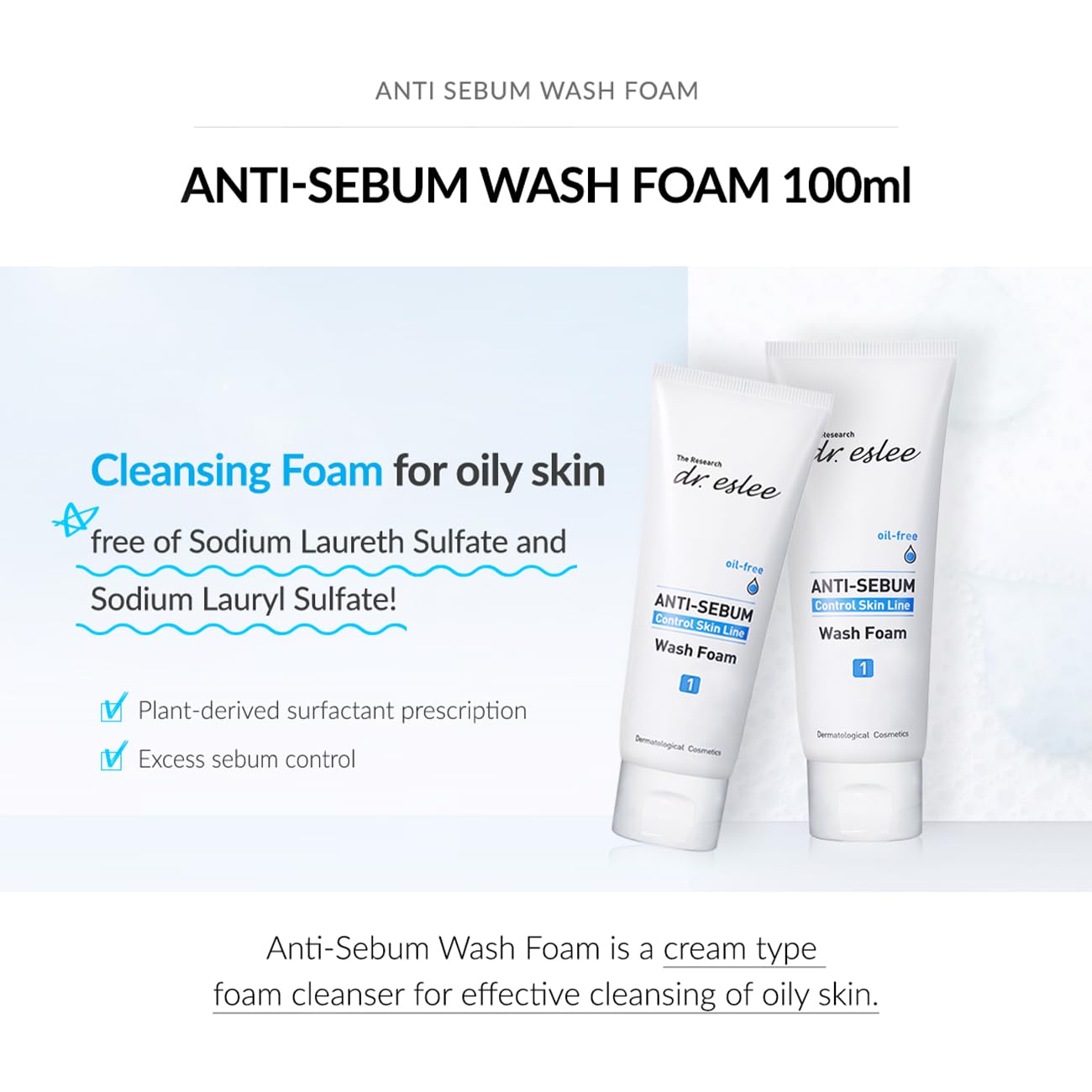 Dr Eslee Anti-Sebum Wash Foam, Facial Cleanser for Oily Skin (100ml) Non-Irritating Dermatological Face Wash Cleansing Foam - Controls Excess Sebum, Soothes Irritation, Sulfate-Free, Korean Skin Care
