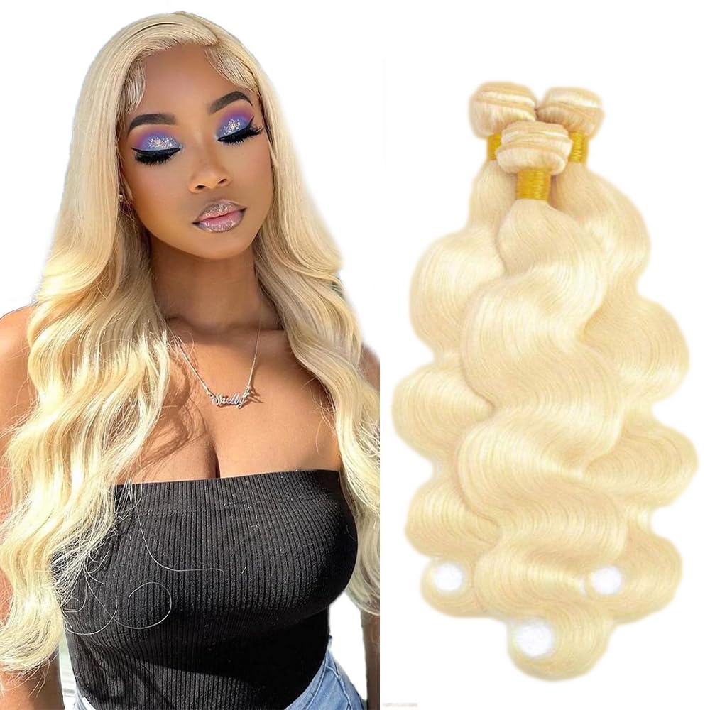 #613 Blonde Bundles Human Hair Honey Blonde Body Wave Bundles 26 28 30 Inch Unprocessed Brazilian Virgin Hair 3 Bundle Deals Quick Weave Hair Extensions 50 Gram Per Bundle For Woman