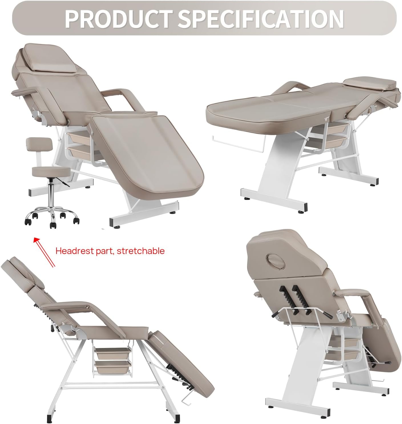 Tattoo Chair - Adjustable Facial Chair with Hydraulic Stool for Estheticians | Gray Multipurpose Spa Equipment