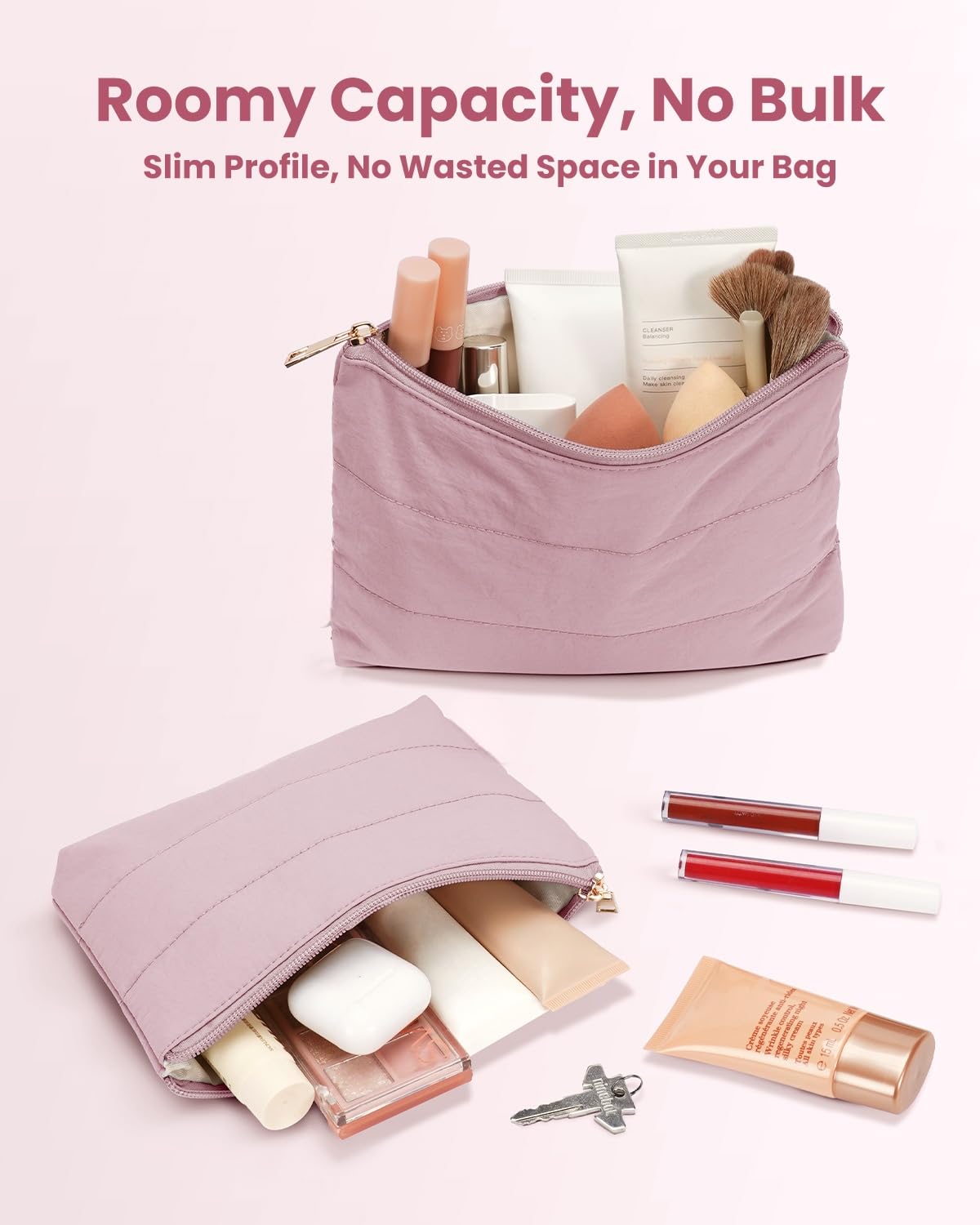 Wandering Nature Makeup Bag Small Cosmetic Bag for Purse 2 Pack Small Make Up Pouch Vegan Leather Cute Travel Pouch with Zipper for Women