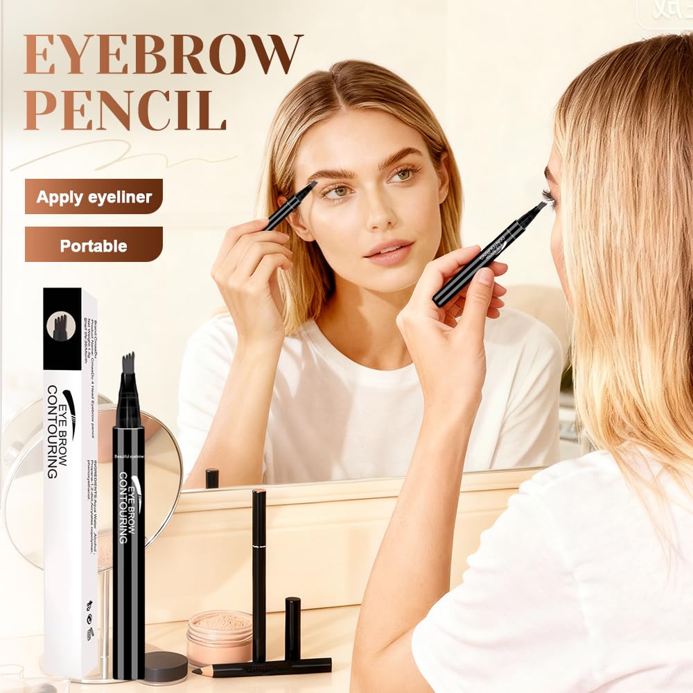 Waterproof Eyebrow Pencil - Four Tip Micro Fork Design for Natural Contouring | 2-Pack Black
