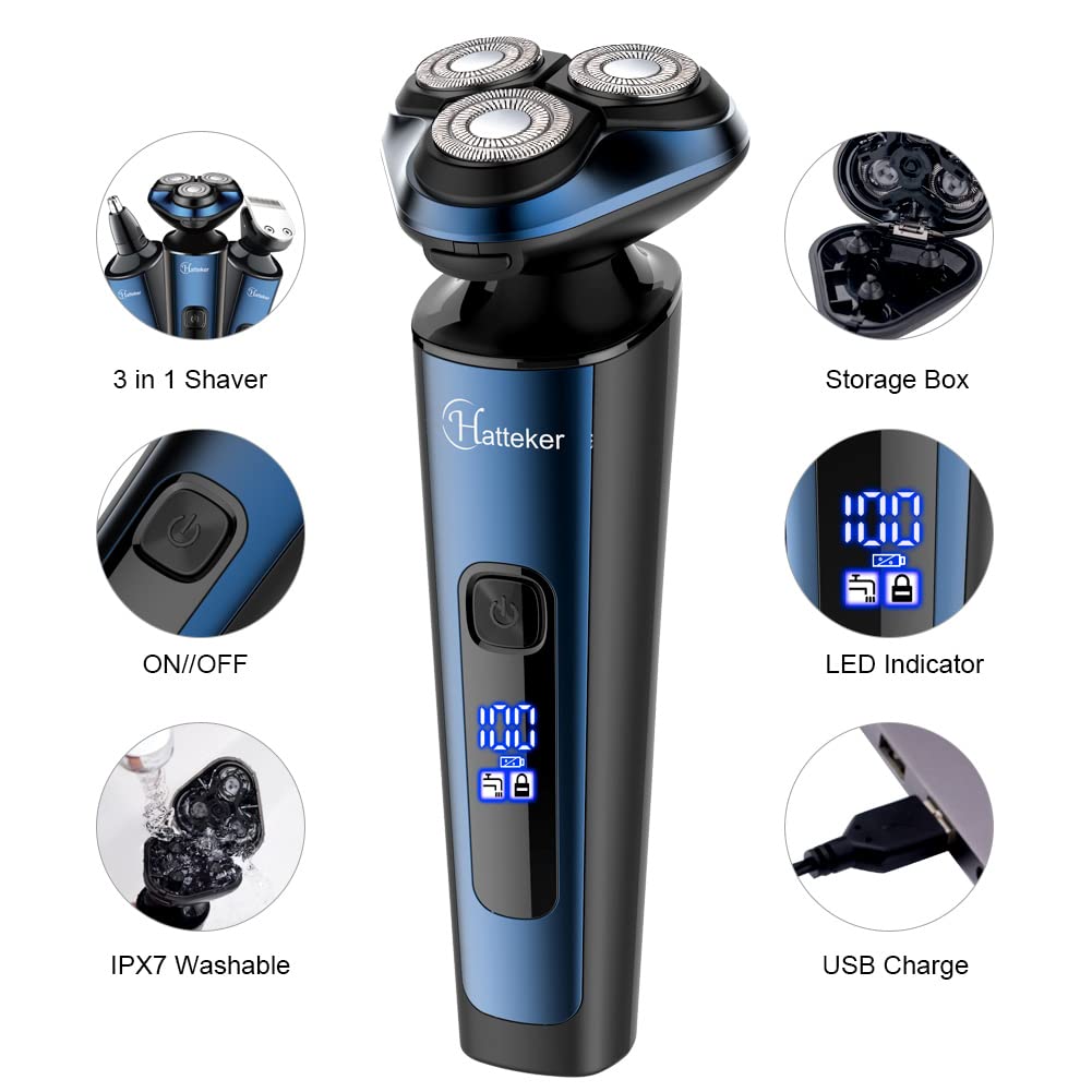 Hatteker Mens Electric Shavers Razor Beard Trimmer Rotary Facail Head Shaver for Men Sideburn Trimmer Nose Trimmer Wet Dry IPX7 Waterproof Rechargeable Cordless 3 in 1