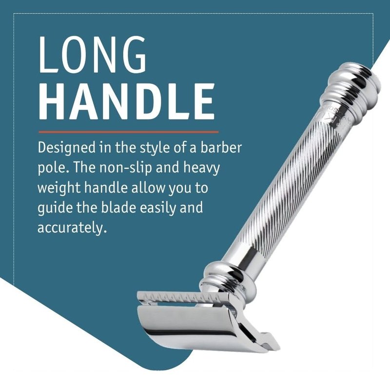 MERKUR 38C Double Edge Safety Razor - Bright Chrome, Extra Large Barber Pole Grip Brass Handle, Made in Germany, Plastic-Free, Two Piece Design, Closed Comb, Straight Bar