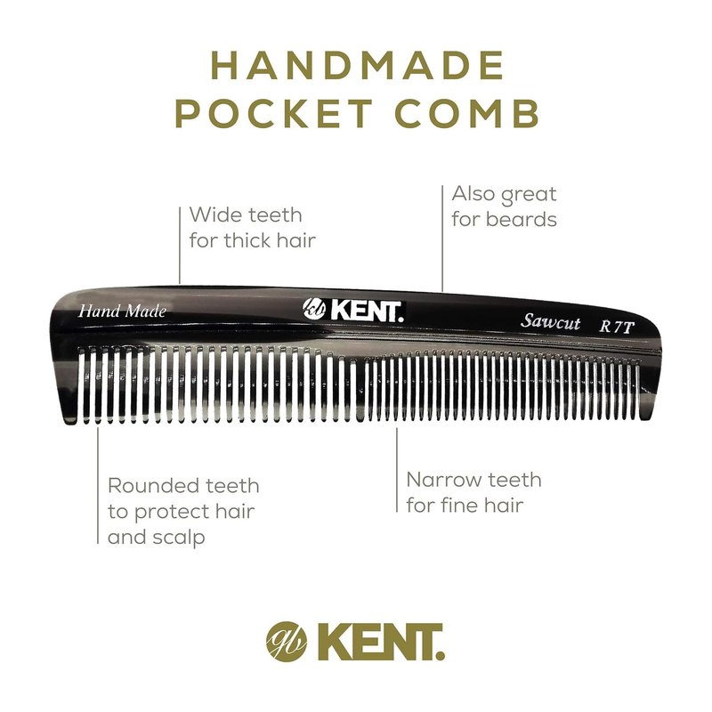 Kent R7T Black Graphite Double Tooth Hair Pocket Comb, Small Fine/Wide Tooth Comb For Grooming Styling Hair, Beard and Mustache, for Men, Women and Kids. Saw Cut and Hand Polished. Handmade in England