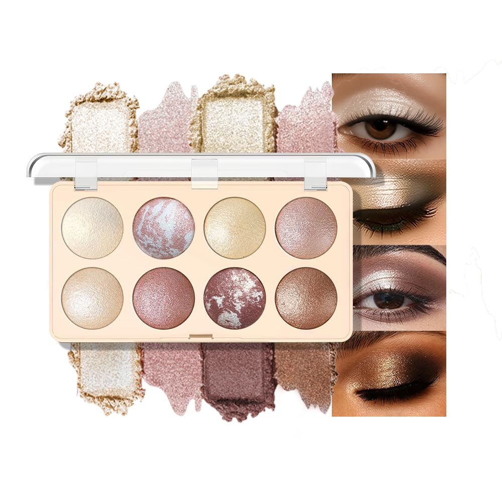 Warm Brown Gold Matte Shimmer Baked Eyeshadow Palette, 8 Color High Pigment Blendable Eye Shadow Makeup for Older Women, Travel Size Multi-Use Glam Look Vegan Cruelty-Free Sombras para 0jos 02#
