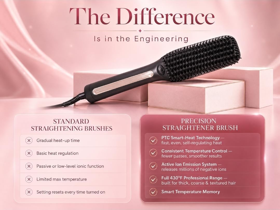 Speedy Precision Hair Straightener Brush - Sleek Hair in Minutes | LED Display 170-430°F, Curved Design for Comfort