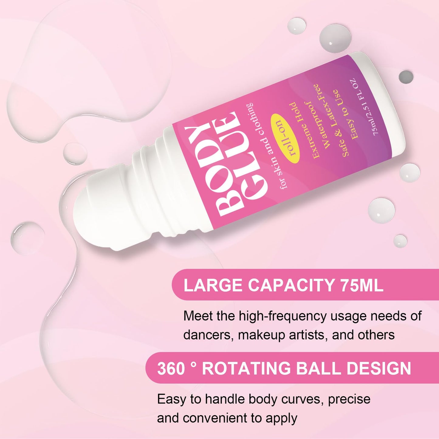 Strong Hold Body Glue for Skin and Fabric, Roll On Clothing Adhesive for Dresses and Dance Costumes, Sweat Resistant Fashion Glue for Socks, Strapless Tops, Performance Wear, 75ml (75ml)