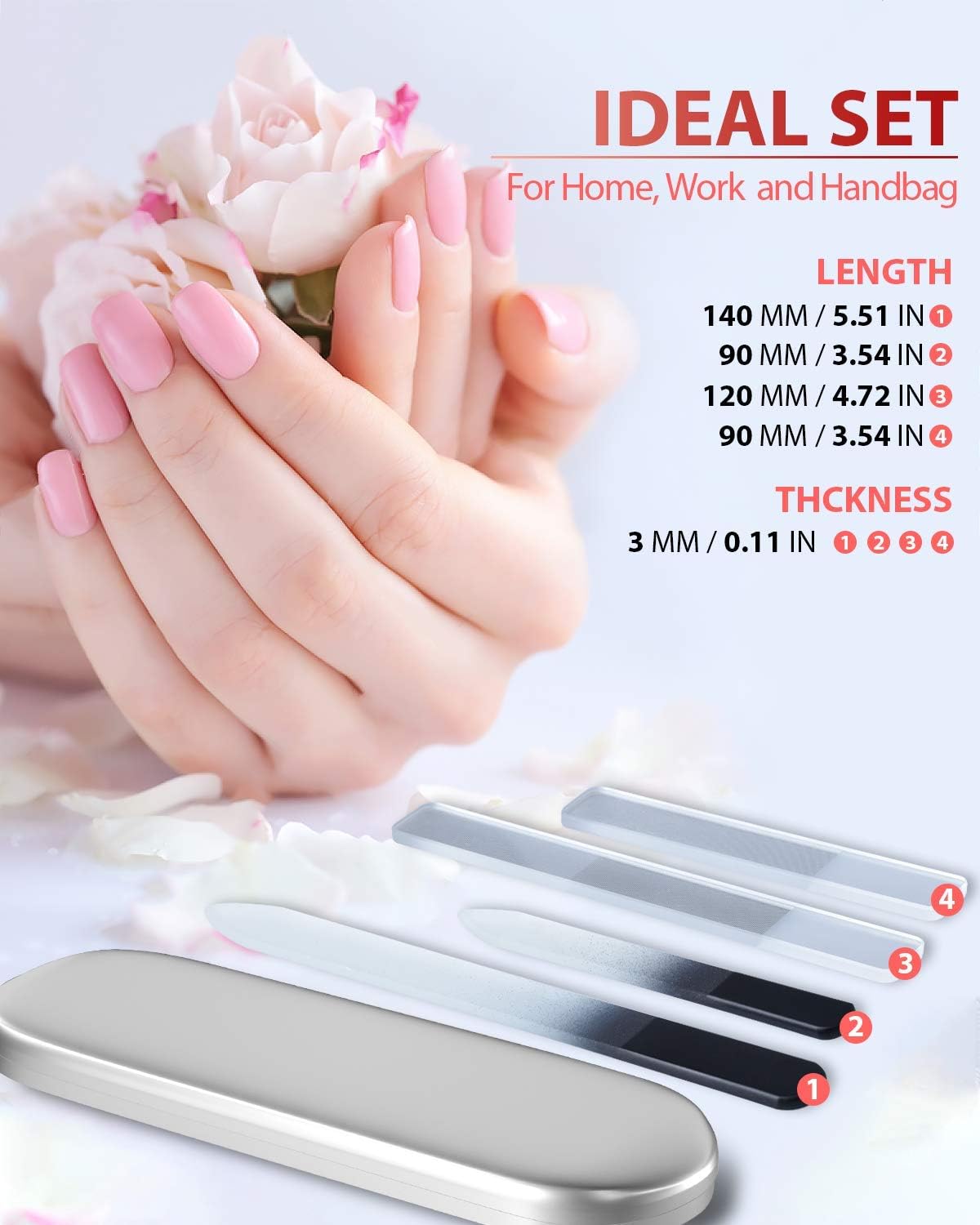 Crystal Nail File Set - 4PC Glass Nail Files & Buffers with Case | Professional Manicure Tools for Natural Nails