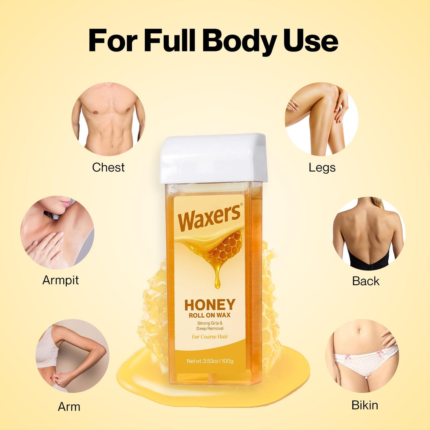 Waxers Roll on Wax Kit for Hair Removal Honey at Home Waxing Kit for Women & Men Roller Wax Cartridge Depilatory for Coarse & Thick Hair with Warmer & Strips