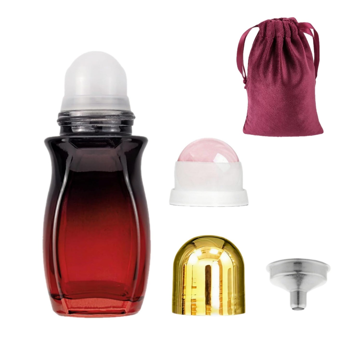 Rose Quartz Roller Bottle,Castor Oil Rose Quartz Roller Ball,50ml Refillable Amber Glass Leak-Proof Rollerball Container (Black bottle + pink beads)
