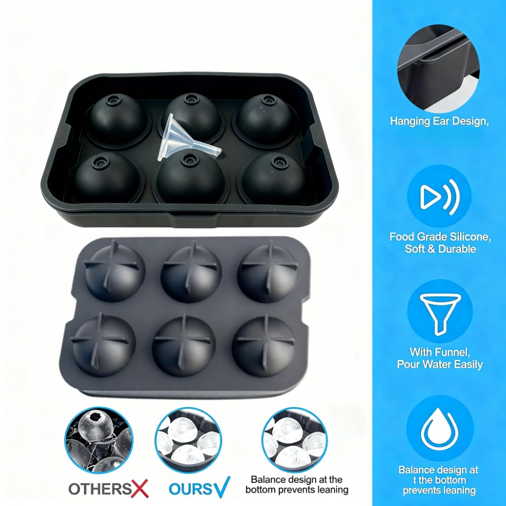 Large Silicone Ice Ball Mold Set with Lid, Reusable BPA-Free Sphere Ice Cube Trays for Cocktails, Whiskey, Juice & Drinks
