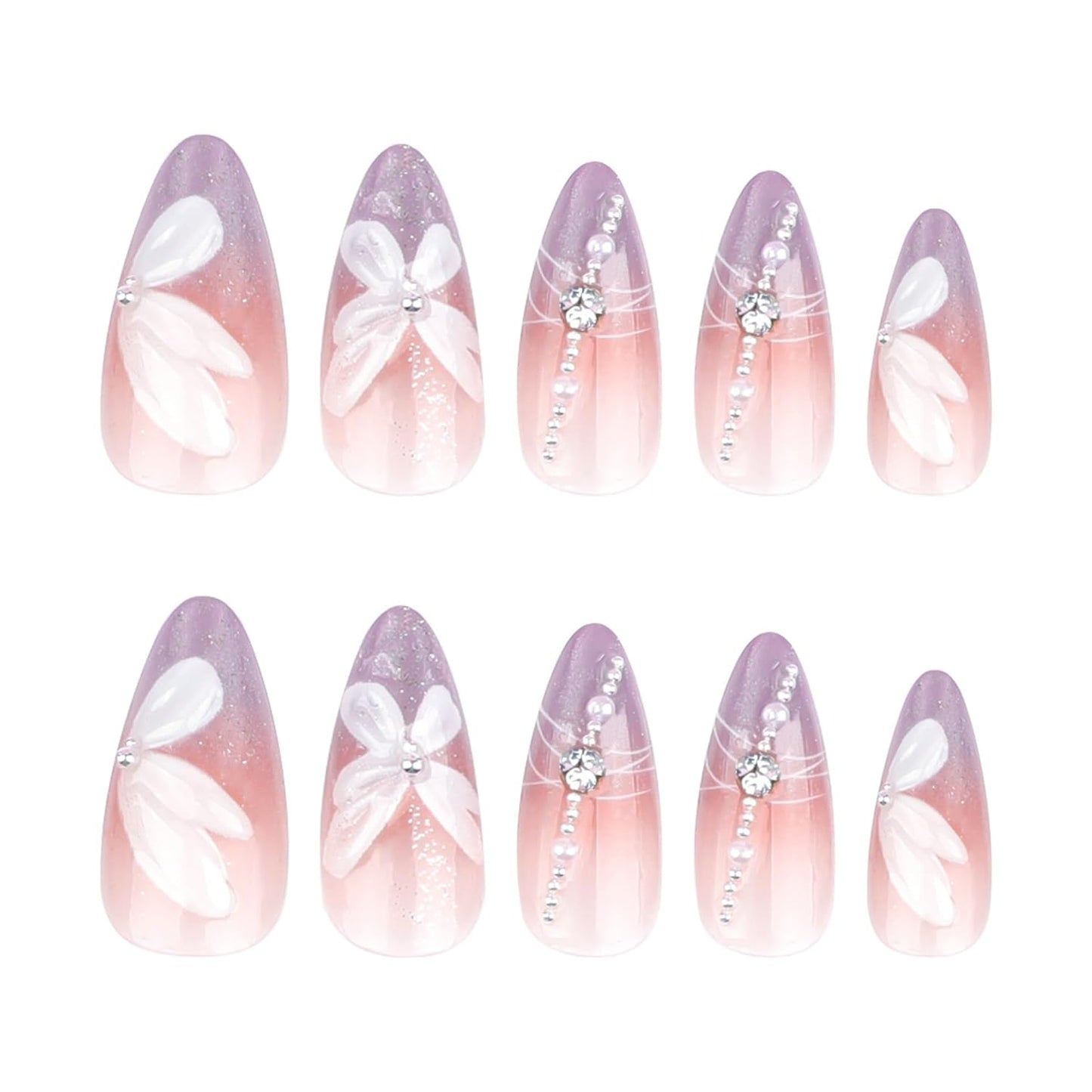 Almond Press-On Nails - Ombre Purple Floral Butterfly Design | 24 Full Cover Rhinestone False Nails for Women
