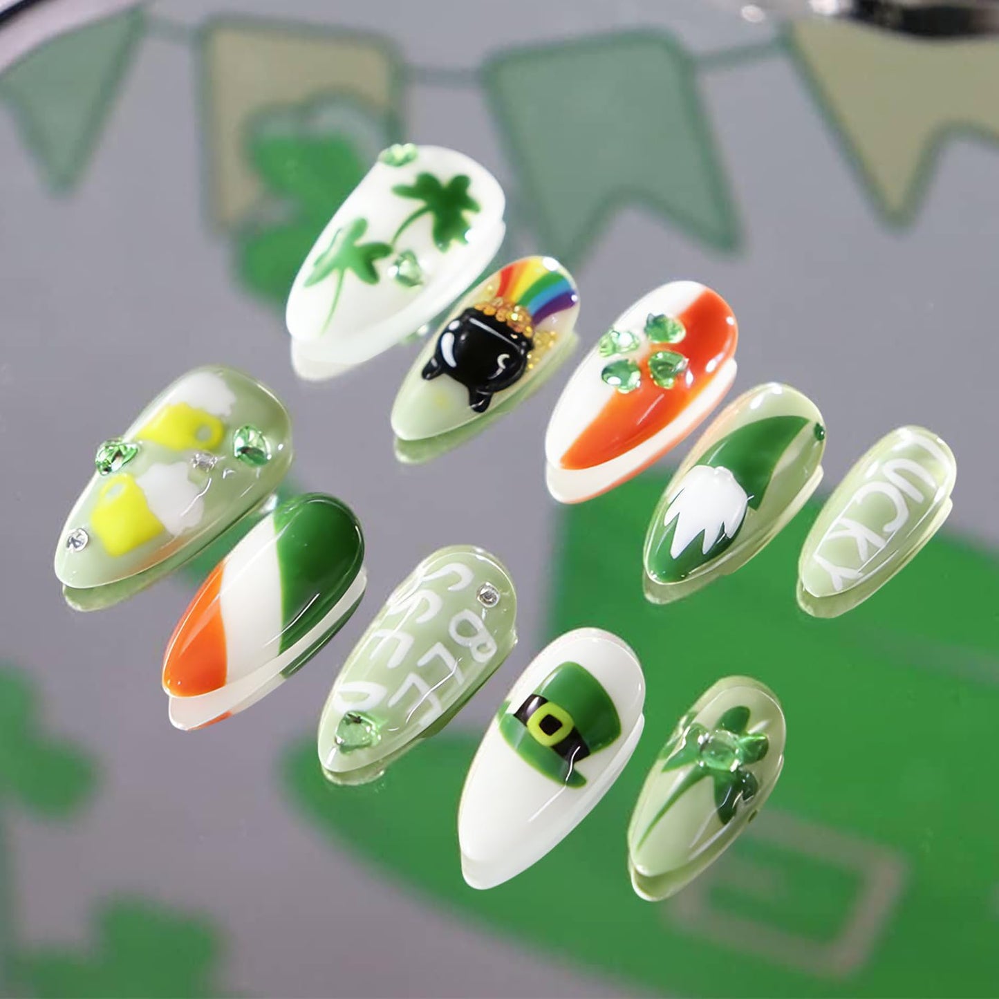 Press-On Nails - 30Pcs Short Almond Green Glitter St. Patrick's Day Designs | Irish Shamrocks & Lucky Clover